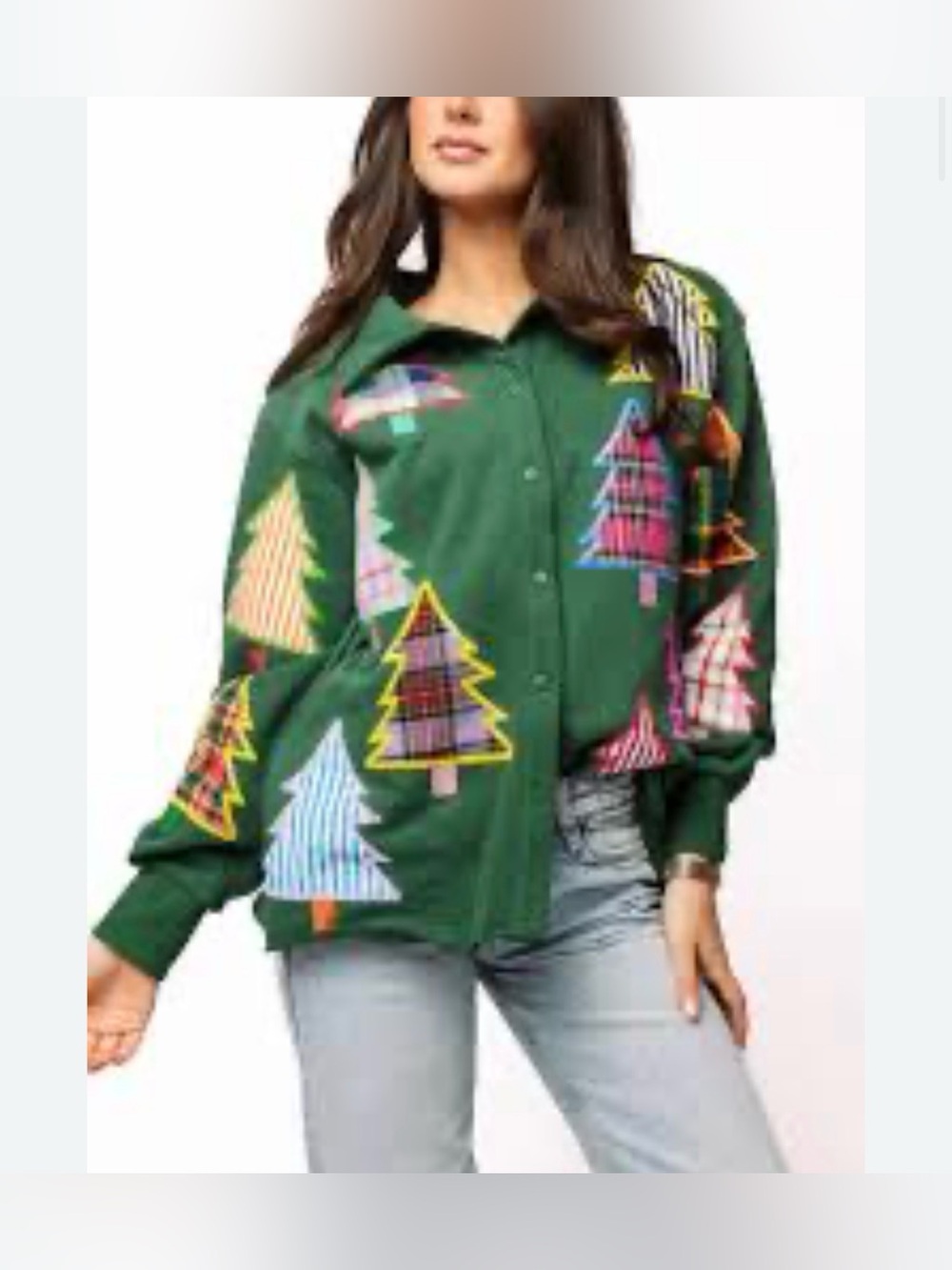 New! QUEEN OF SPARKLES Green Multicolor Plaid Sequin Christmas Tree Shacket - Picture 7 of 12